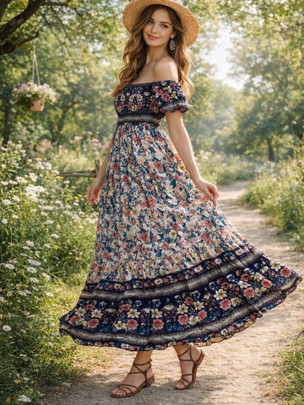 Boho Floral Maxi Dress Off-Shoulder Cottagecore Summer Dress